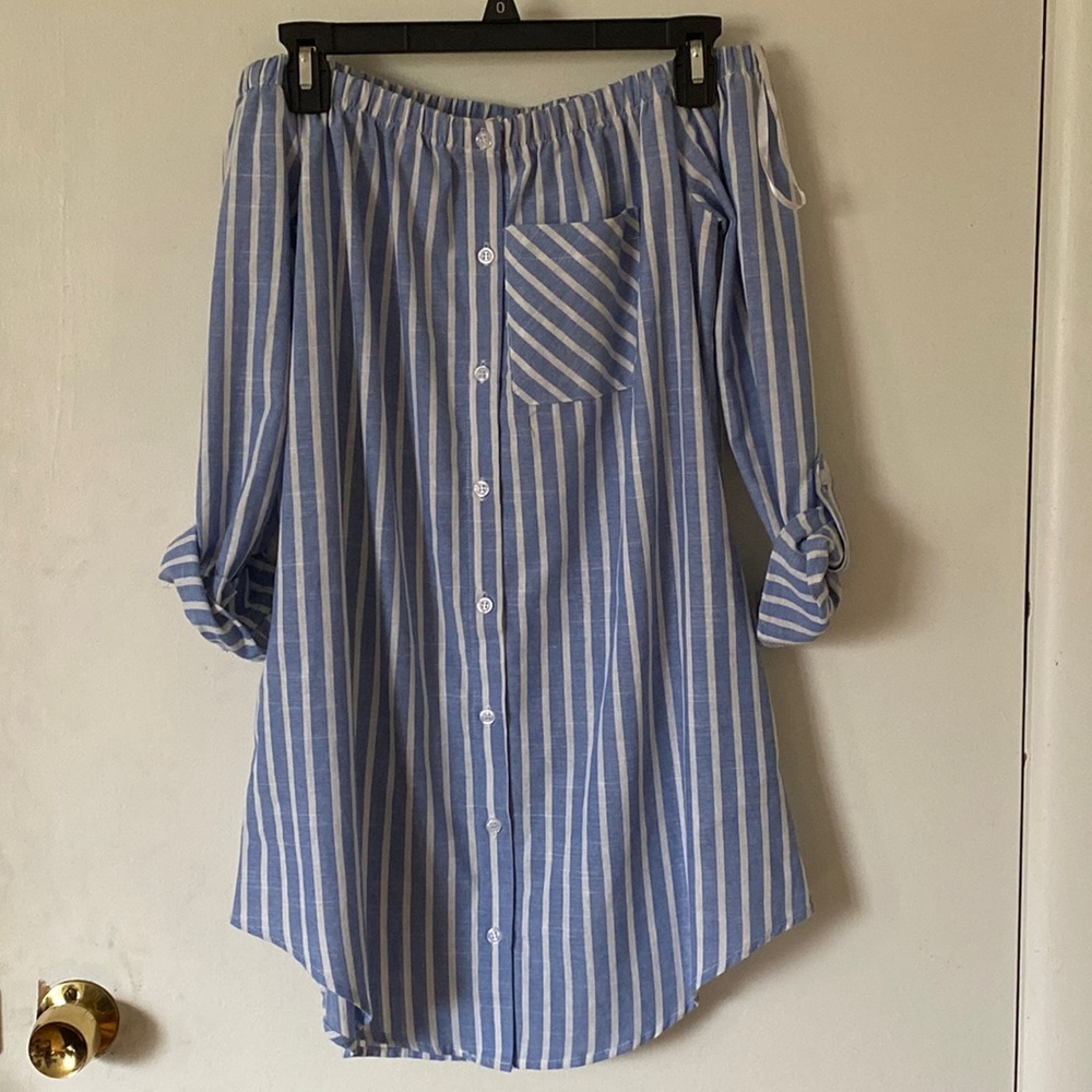 Off the shoulder dress.